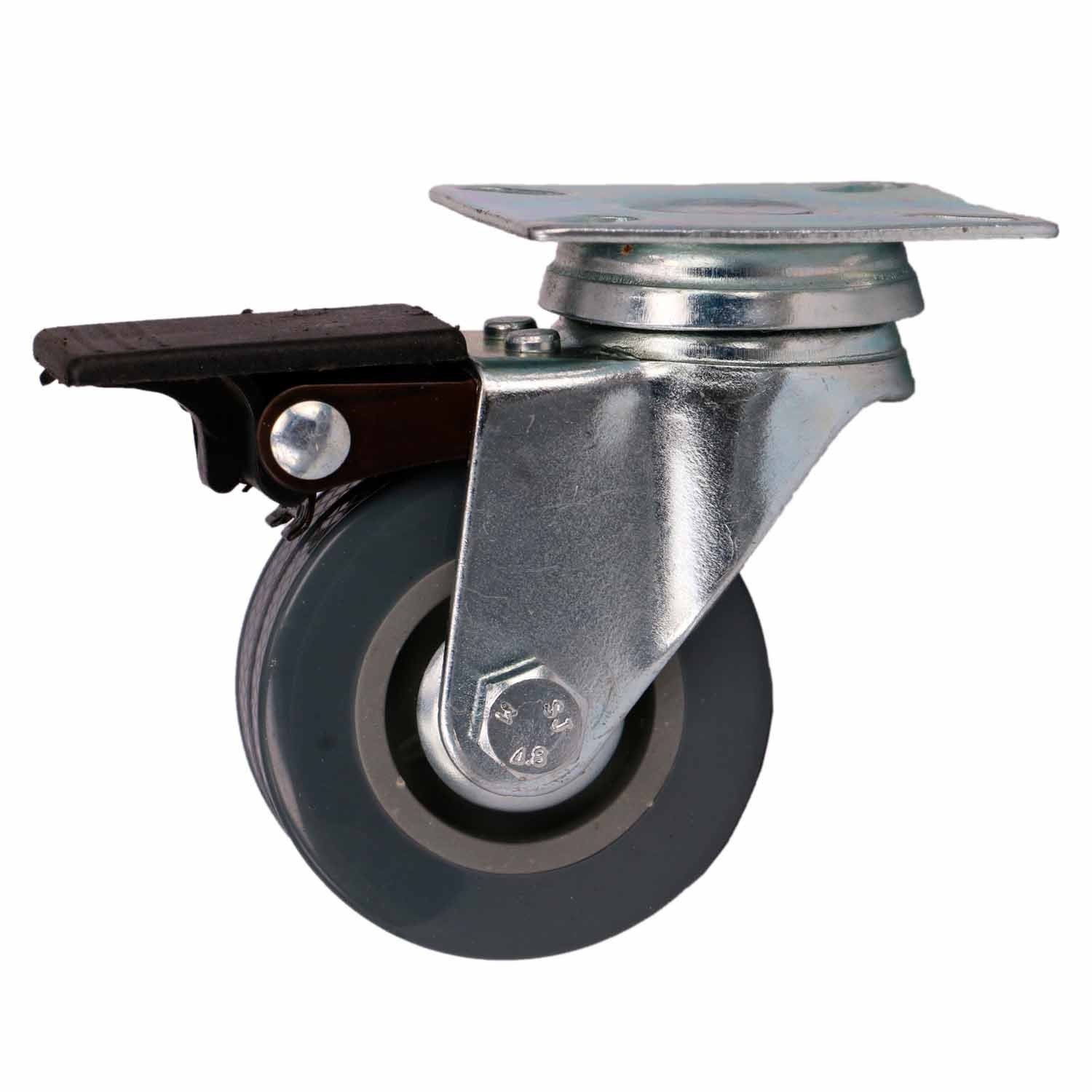 Grey Swivel Rubber Castors Wheels With Brake (Base Plate)
